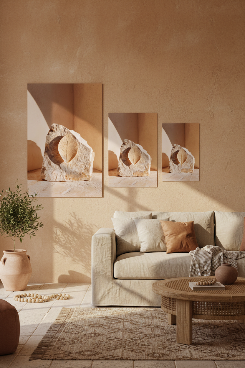 The Stone and the Leaf poster in a wall composition of three Mediterranean posters