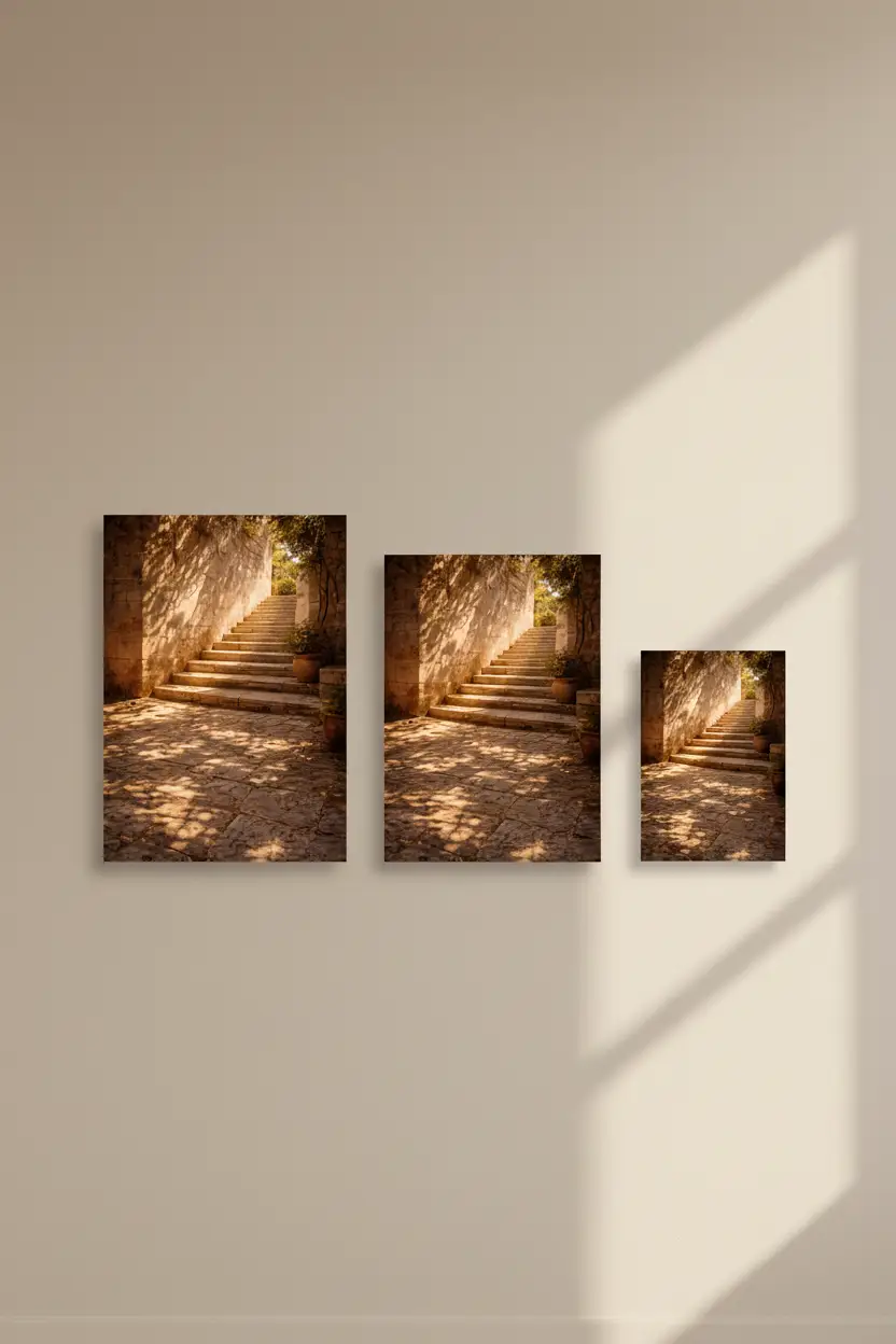 L’Escalier du Jardin — Affiche murale minimaliste doré et pierre méditerranéenne — affiche murale minimaliste | Cassili-home