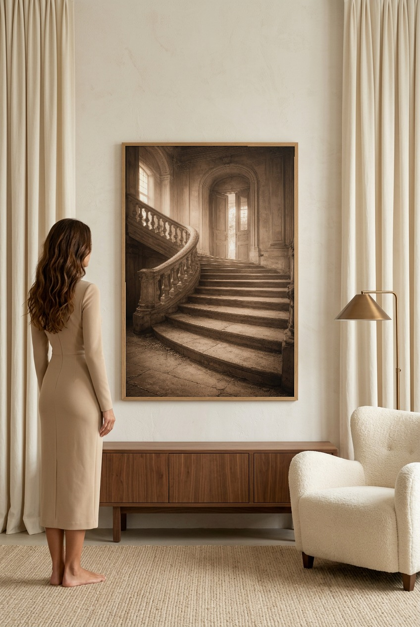 L’Escalier du Château — woman in front of the poster in an oak frame