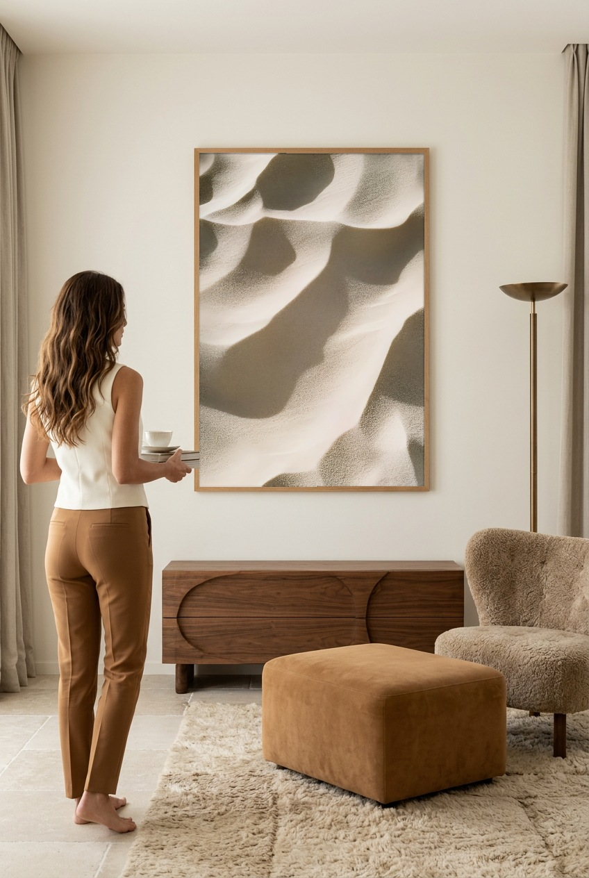 Les Vagues de Sable — Frau vor dem Poster im Eichenrahmen
