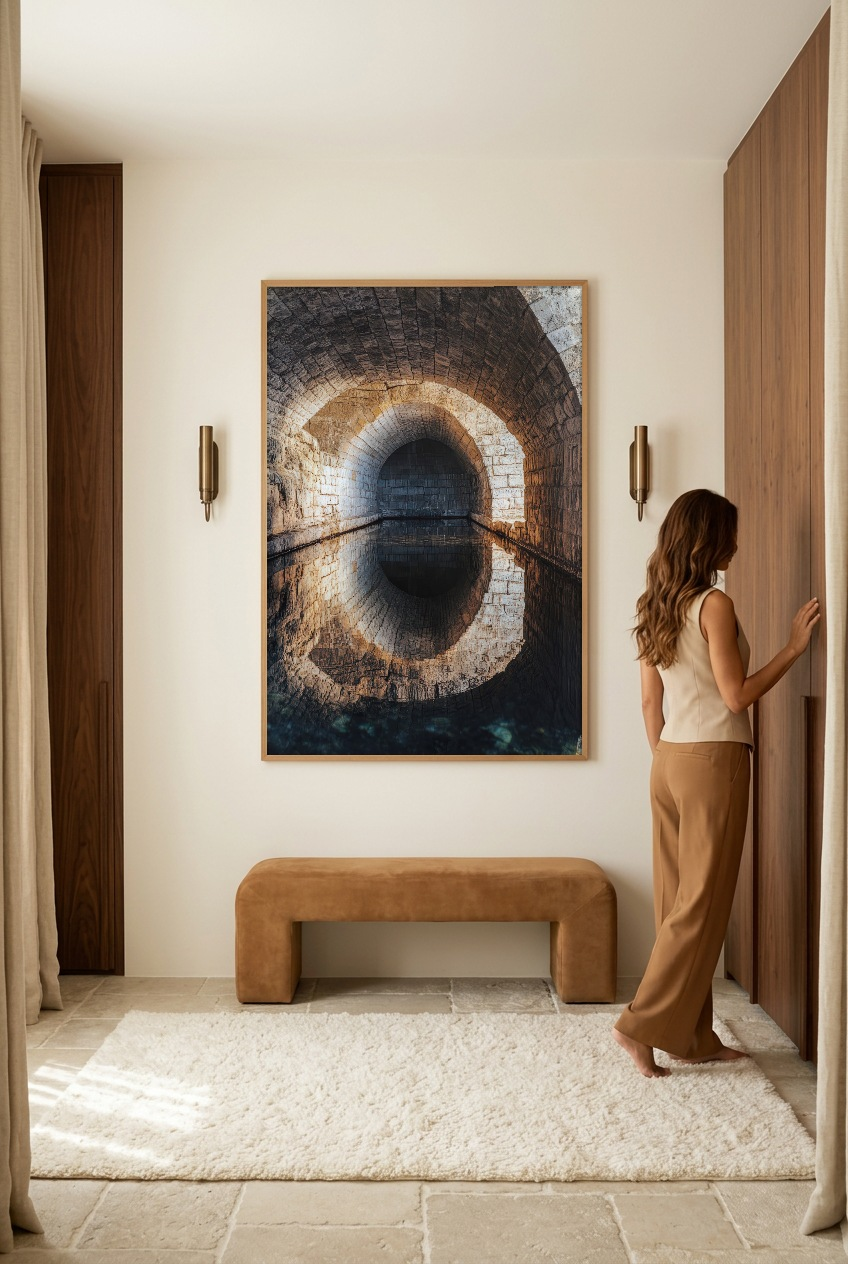 Le Passage Secret — woman in front of the poster in an oak frame