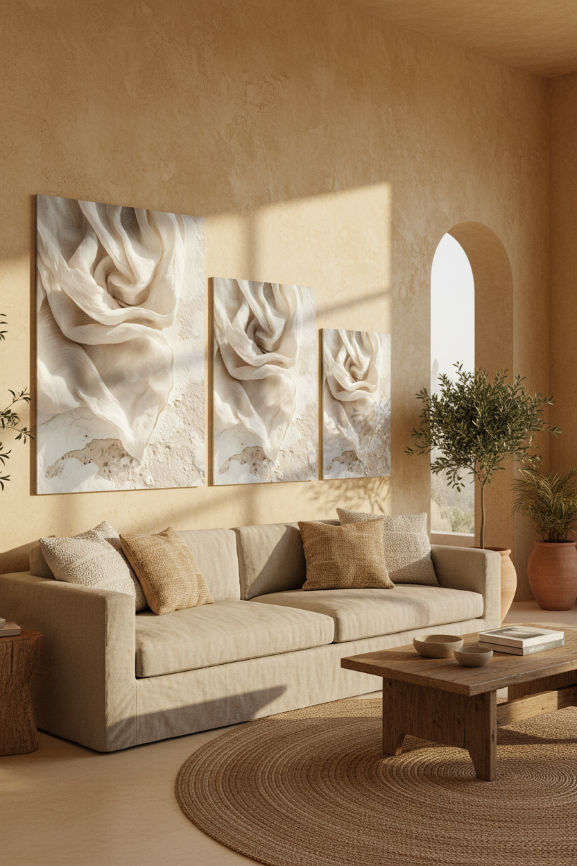 The Ivory Whirlwind poster in a wall composition of three Mediterranean posters