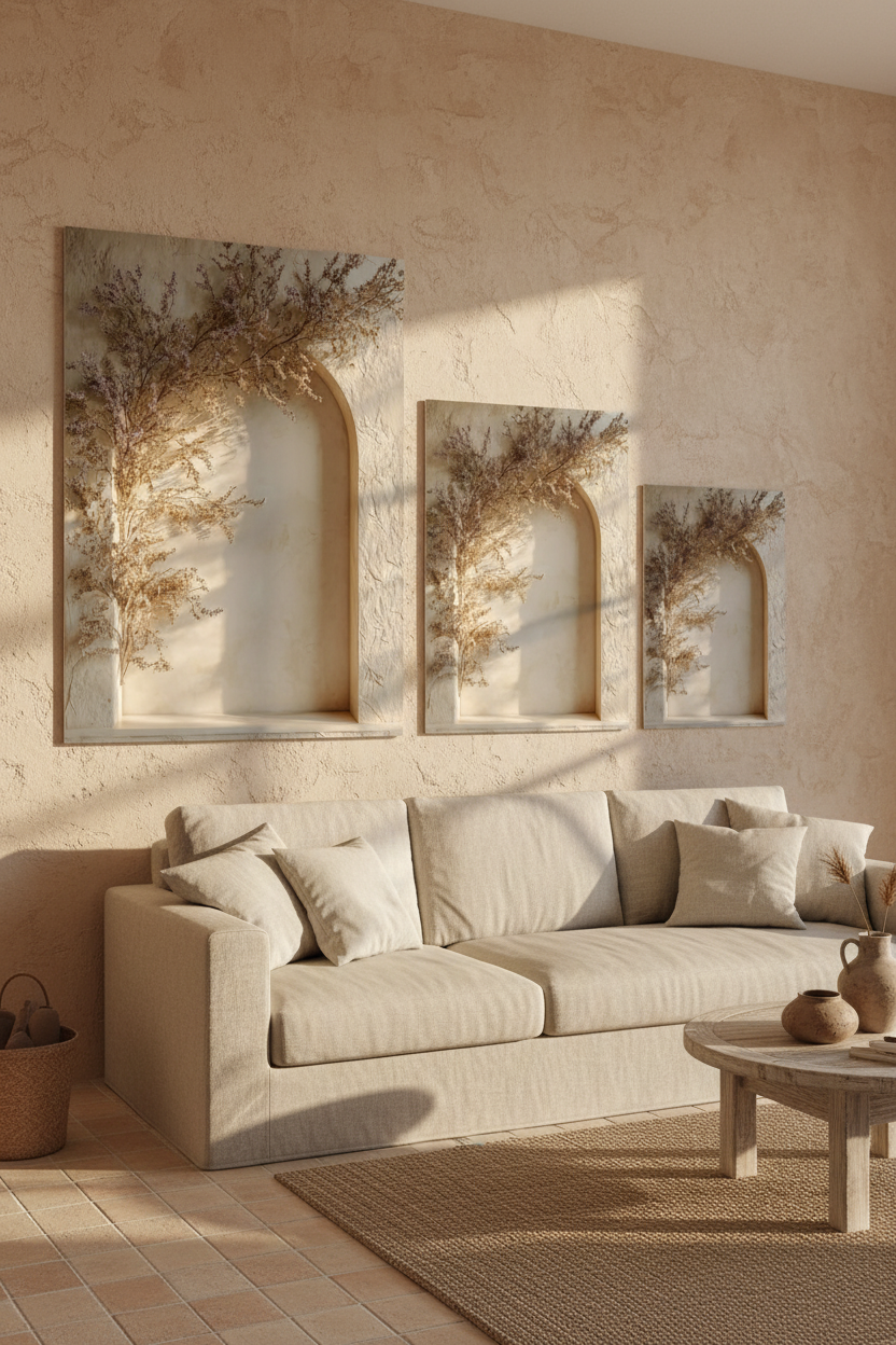The Flowered Arch poster in a wall composition of three Mediterranean posters