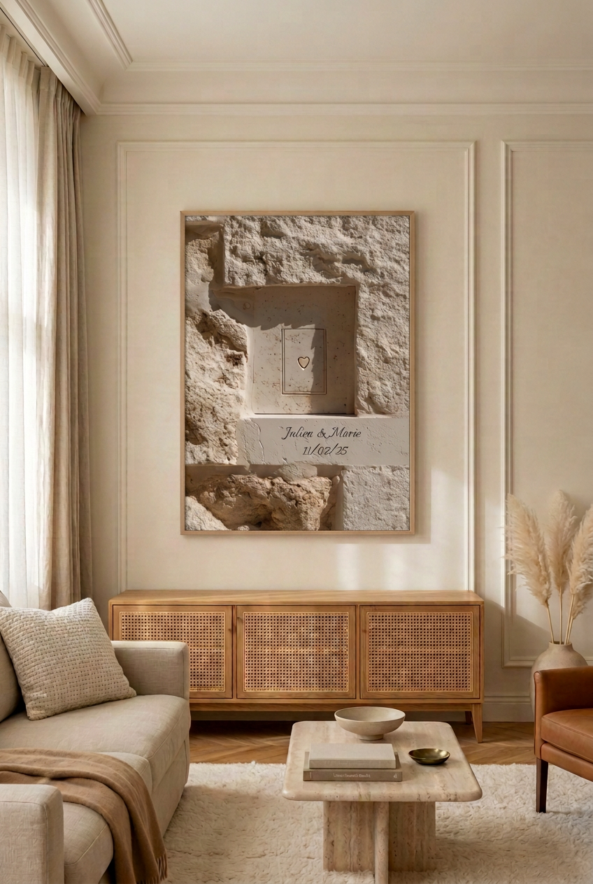 Gravé dans la Pierre — affiche personnalisable : pierre méditerranéenne gravée de deux prénoms et d'une date, dans un salon
