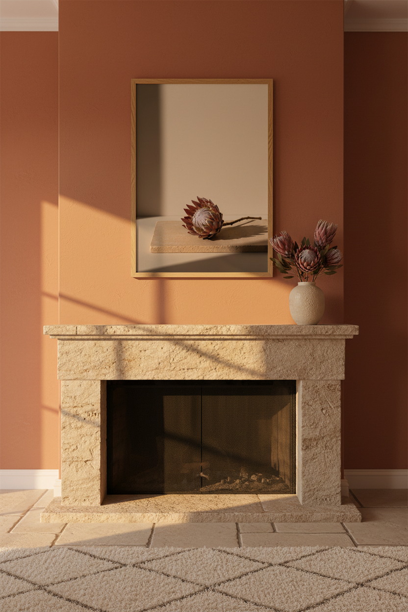 Lifestyle — Poster Protéa sur Travertin au-dessus d'une cheminée méditerranéenne