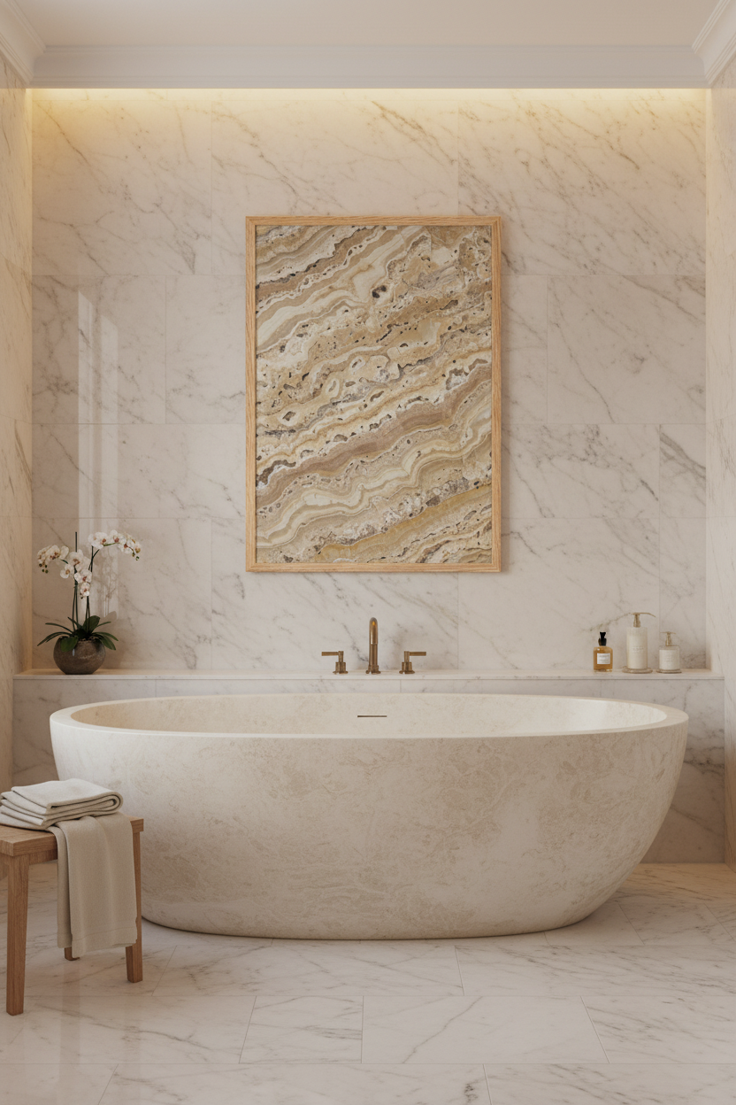 Poster Travertin Doré encadré dans une salle de bain marbre luxe