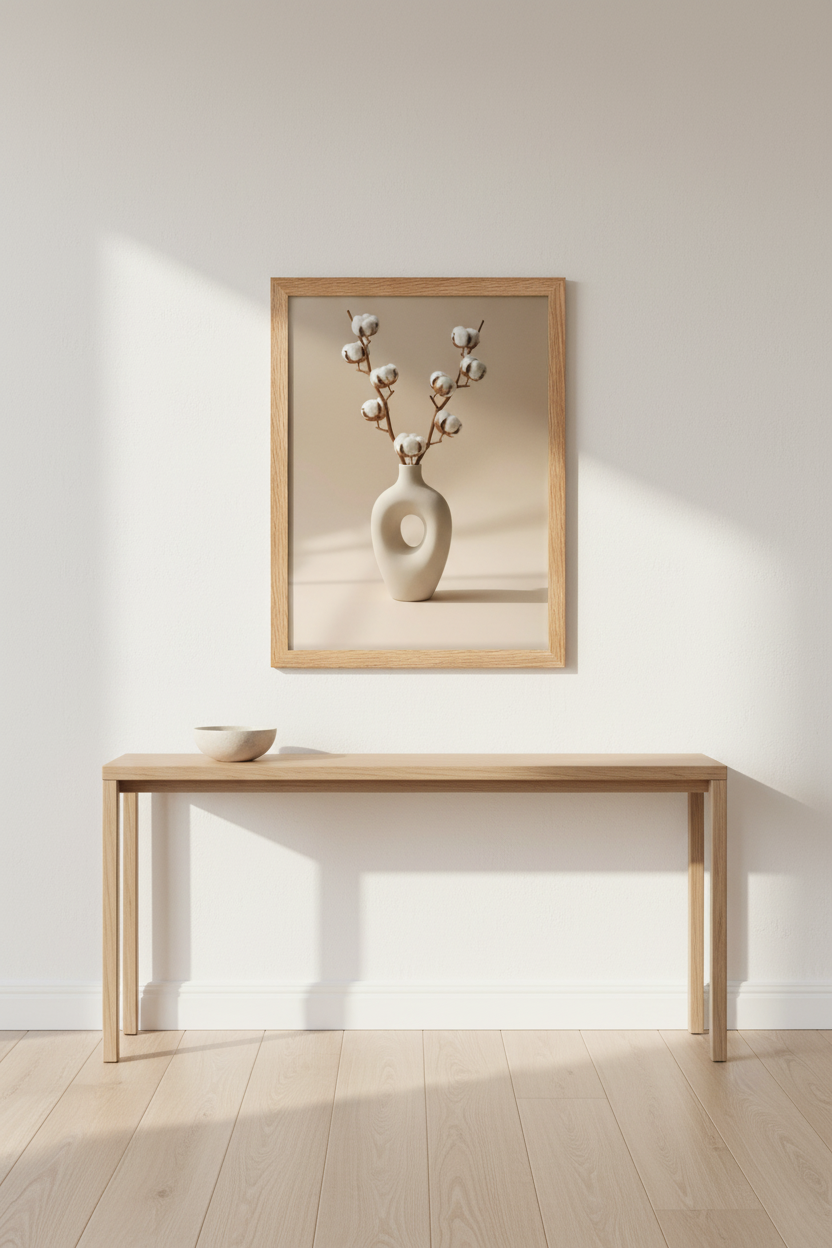 Poster Vase & Branches de Coton encadré dans une entrée minimaliste