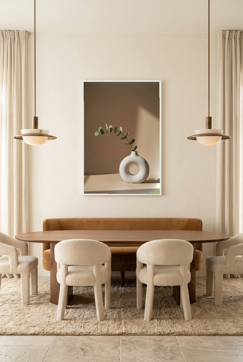 Vase Anneau & Eucalyptus — poster in witte lijst in een eetkamer