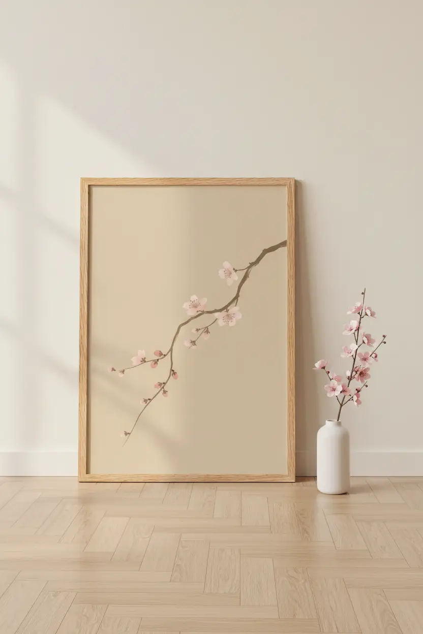Branche de Cerisier — Affiche Murale Minimaliste Rose et Beige Inspiration Botanique — affiche murale minimaliste | Cassili-home
