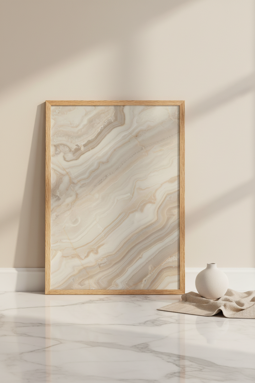 Poster Onyx Ivoire encadré posé sur sol marbre