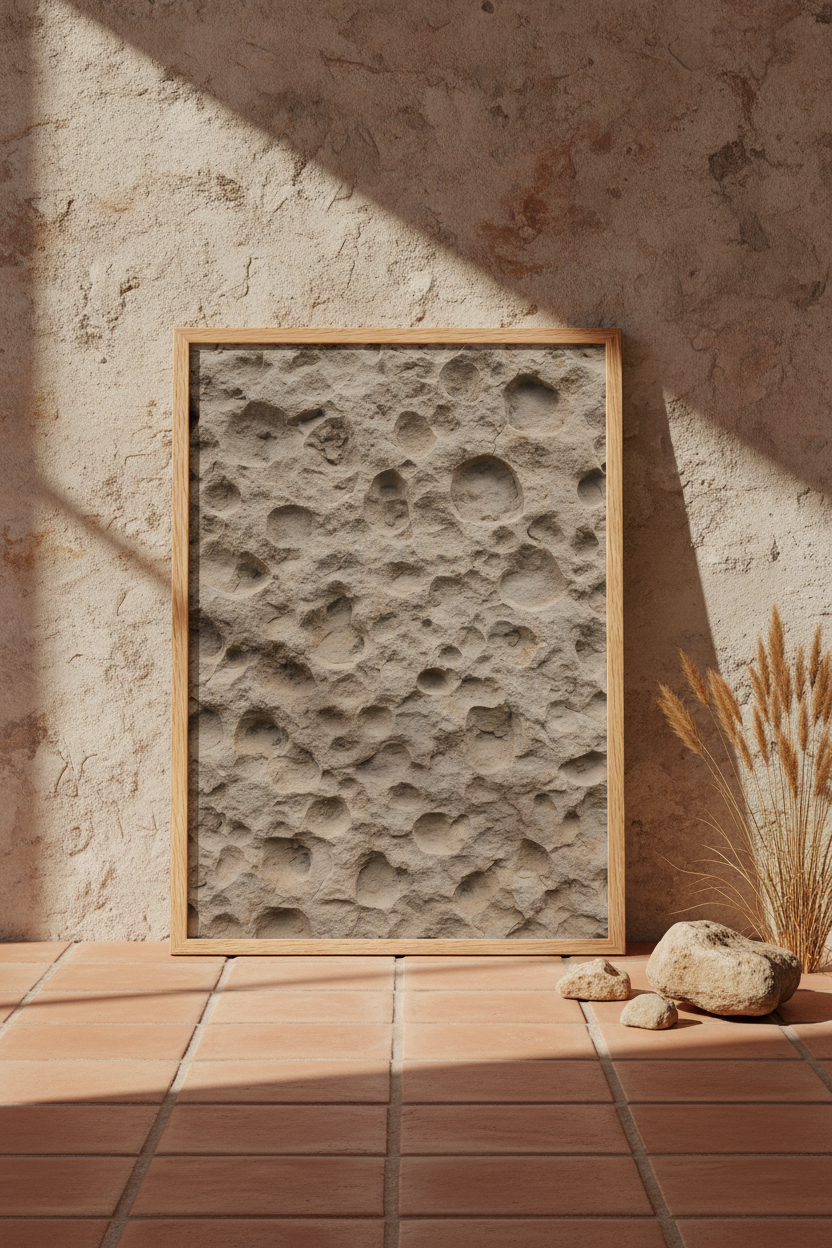 Poster Grès Alvéolé encadré posé contre un mur grès terracotta