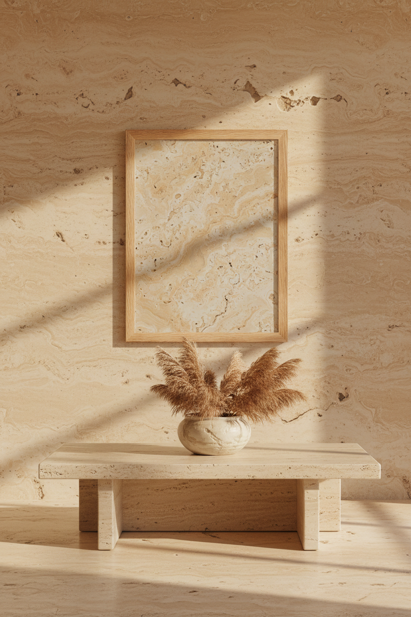 Lifestyle — Poster Travertin Brut dans un salon minéral