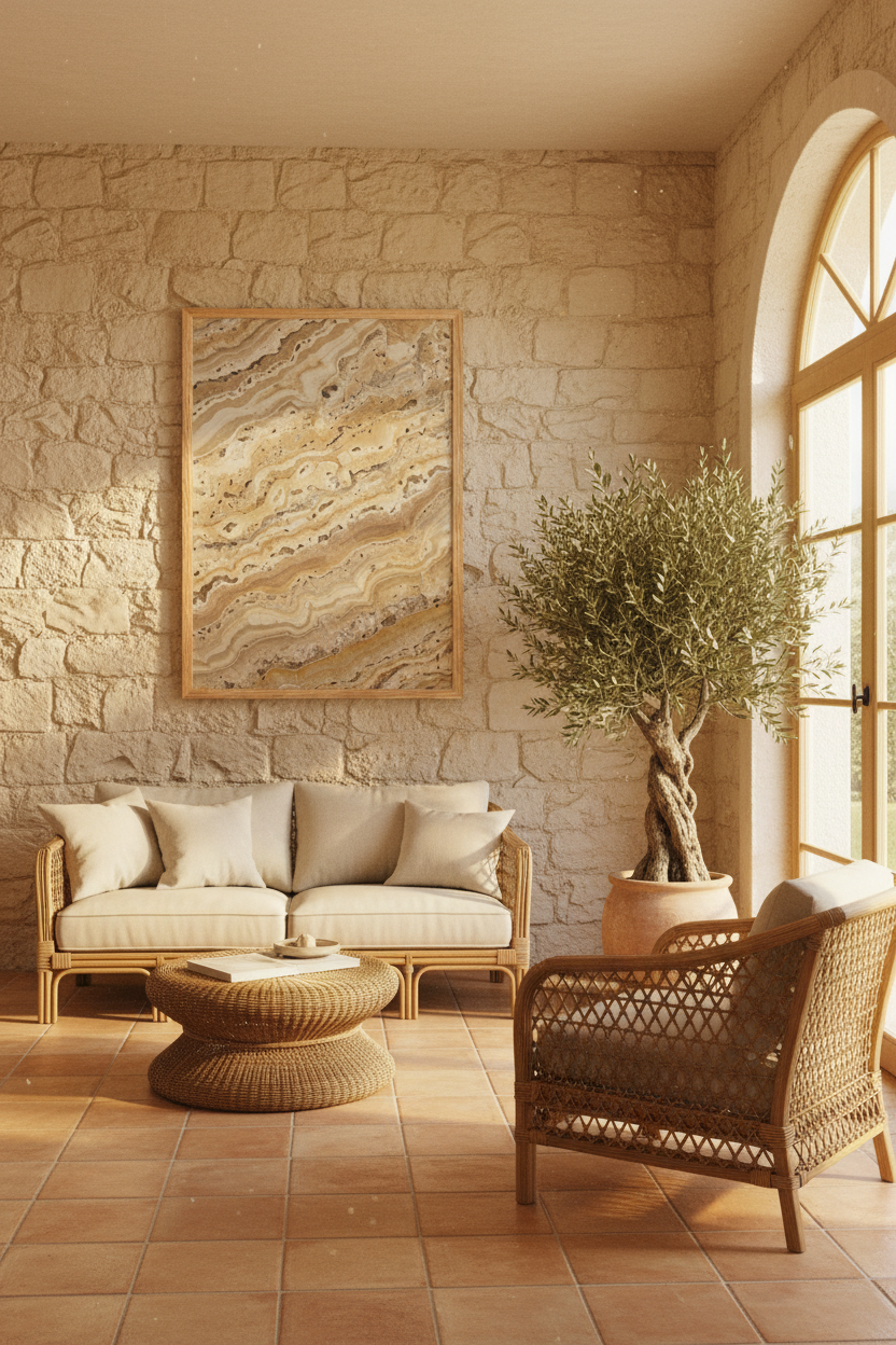 Lifestyle — Poster Travertin Doré dans un salon méditerranéen