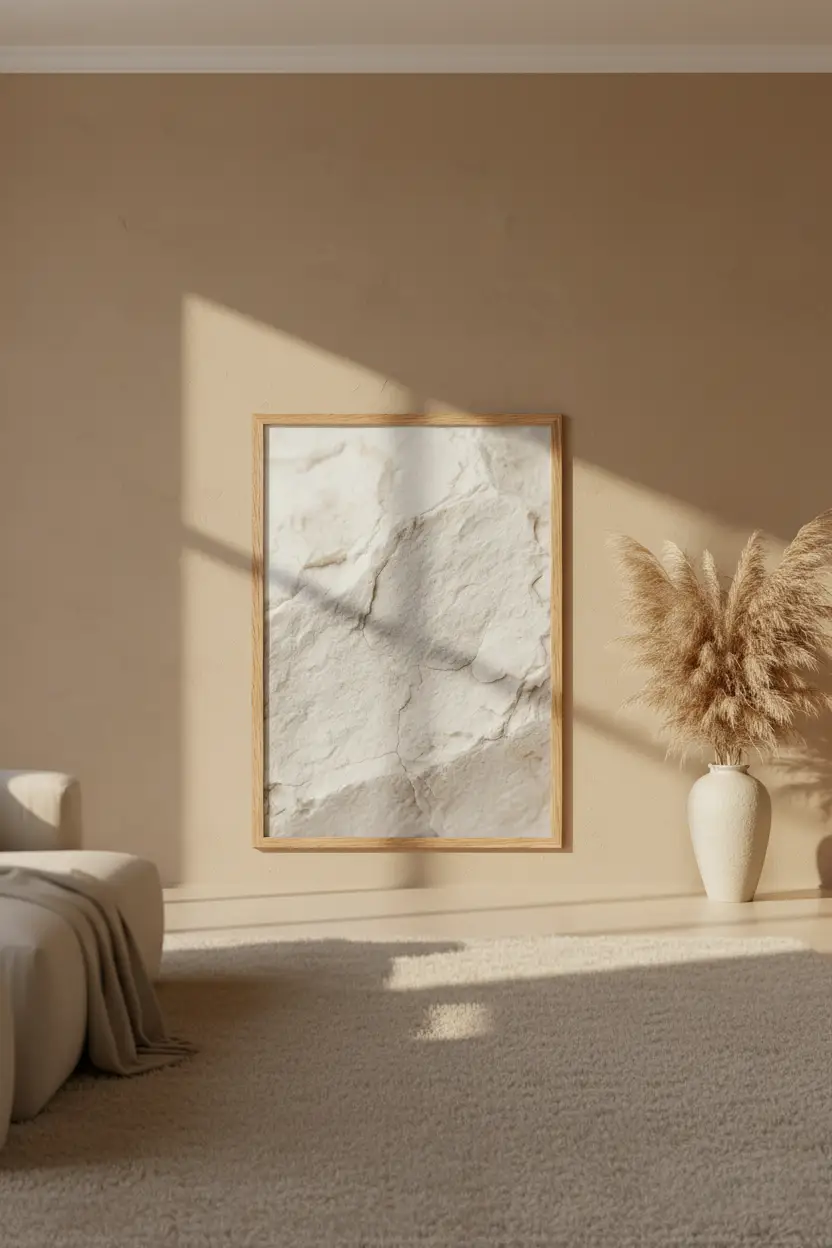 Calcaire Blanc affiche encadrée chêne en situation salon minimaliste