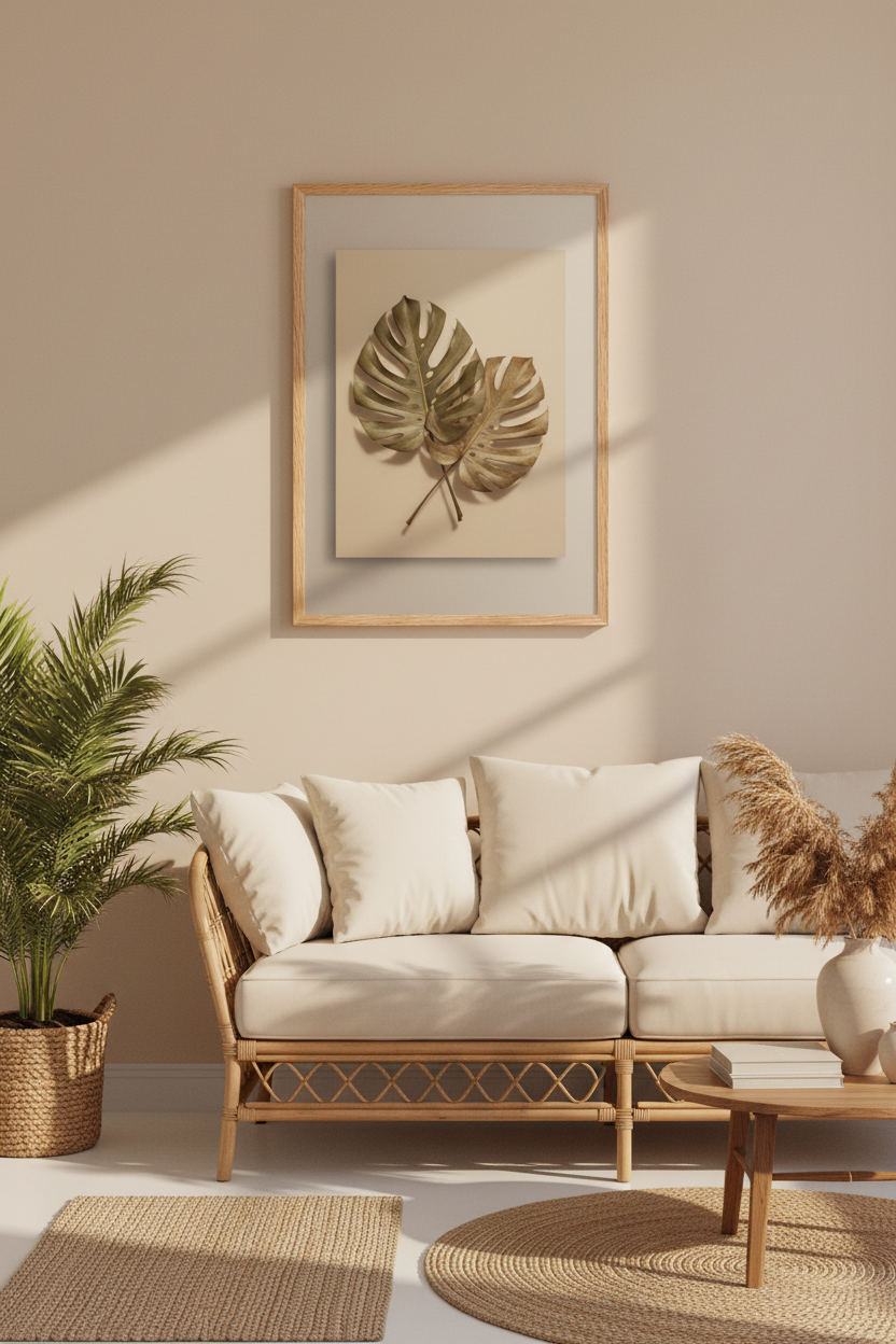 Poster Monstera Dorée encadré dans un salon tropical chic