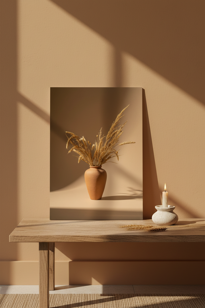 Poster Vase Terracotta aux Épis sans cadre sur table basse bohème