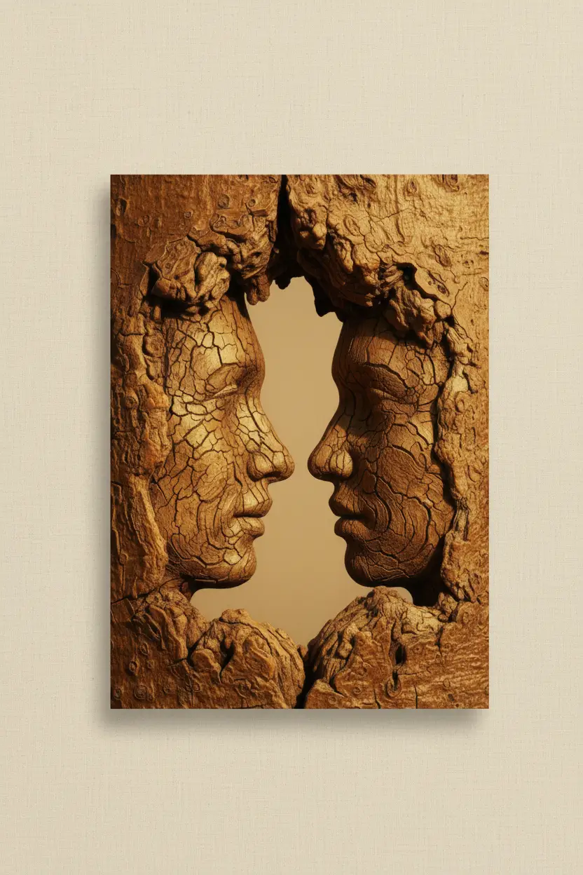 Face à Face — Affiche murale minimaliste beige taupe sombre chaleureuse visage abstrait — affiche murale minimaliste | Cassili-home