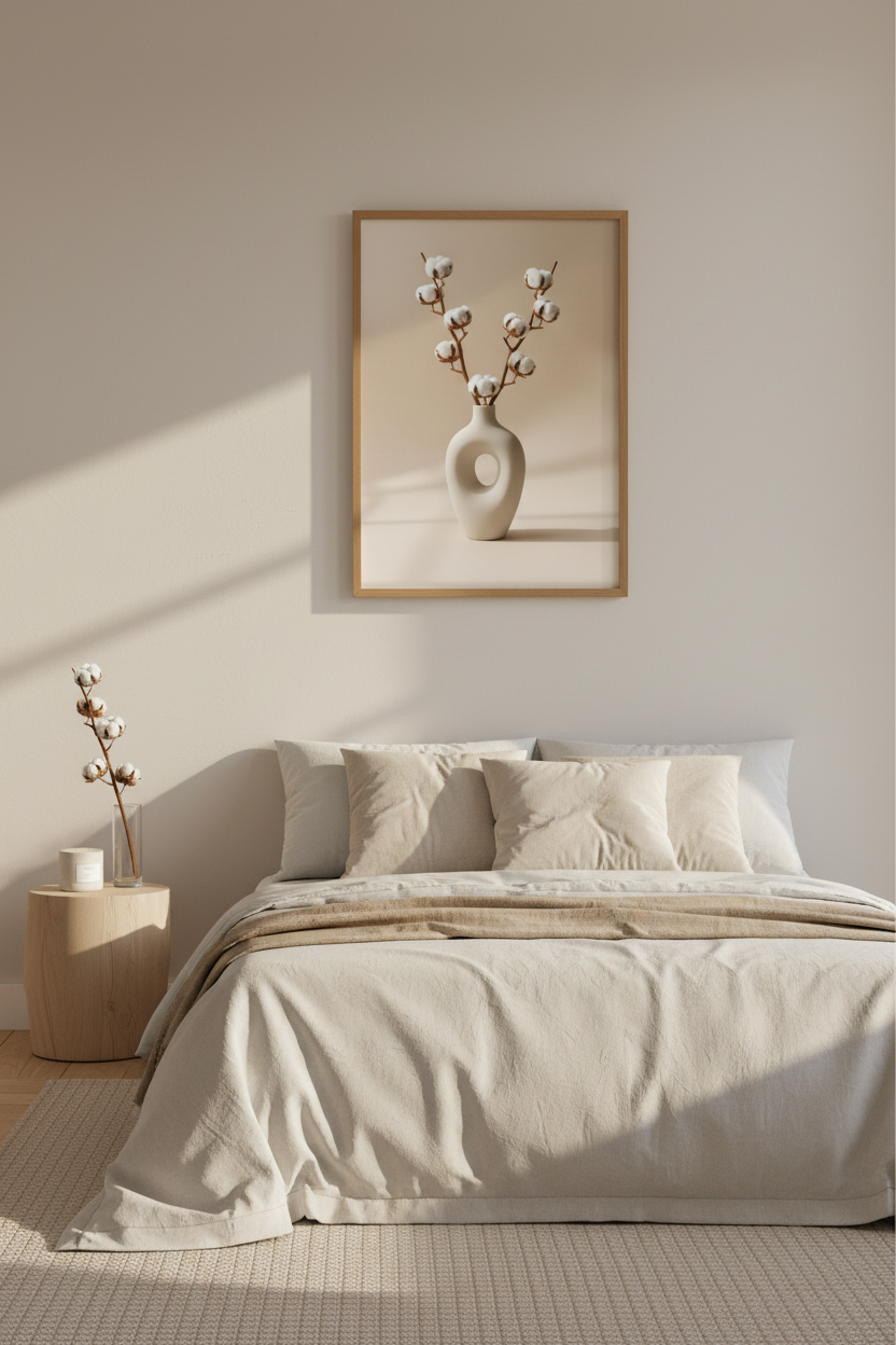 Lifestyle — Poster Vase & Branches de Coton dans une chambre linge blanc