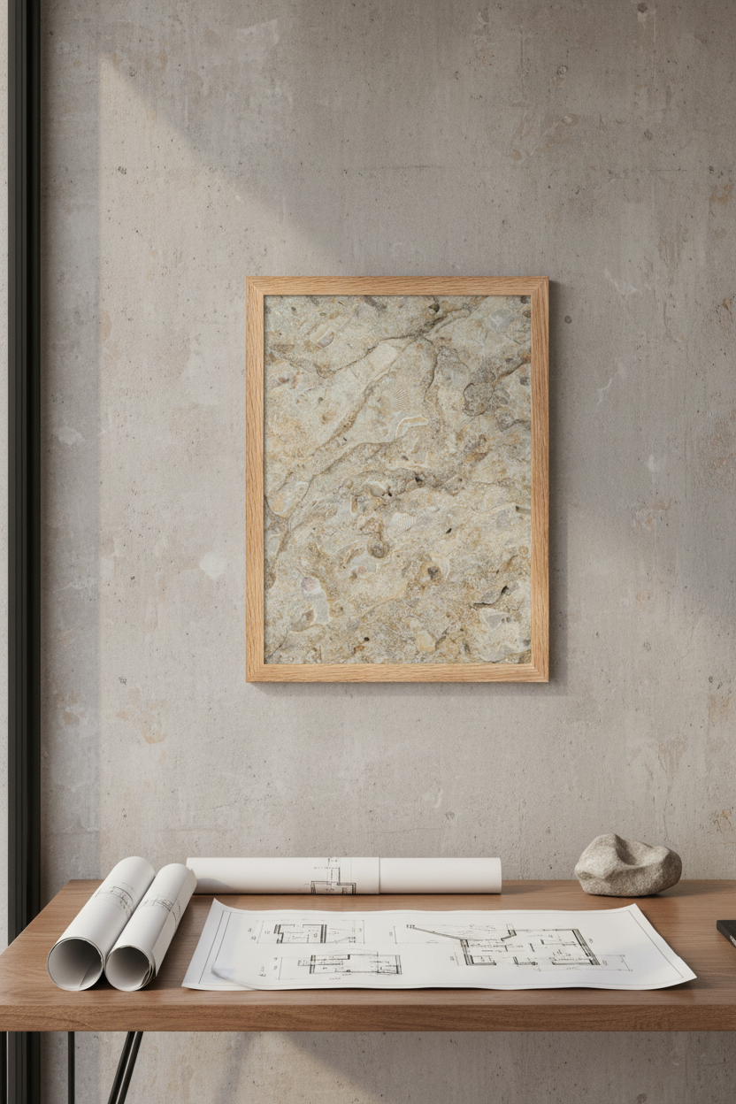 Poster Pierre Fossile encadré dans un bureau architecte béton