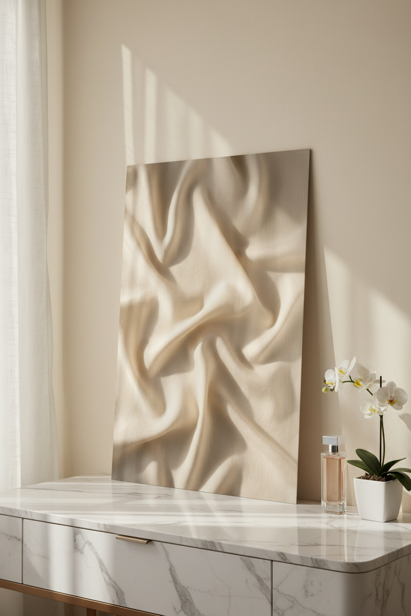 Poster Soie & Lumière sans cadre sur coiffeuse marbre