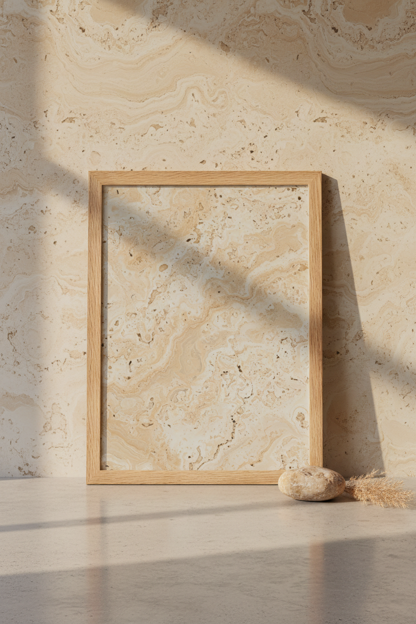 Poster Travertin Brut encadré posé contre un mur travertin
