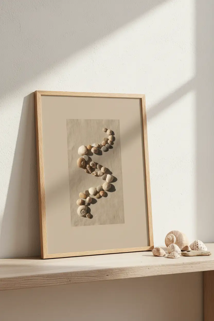 Poster Spirale de Coquillages encadré posé sur étagère bois flotté