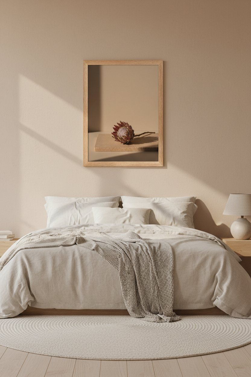 Poster Protéa sur Travertin encadré dans une chambre cosy linge crème