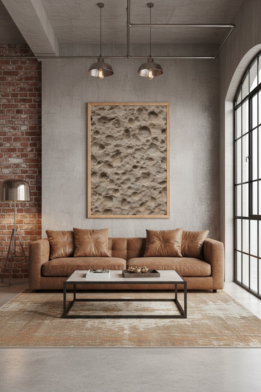 Poster Grès Alvéolé encadré dans un loft industriel béton