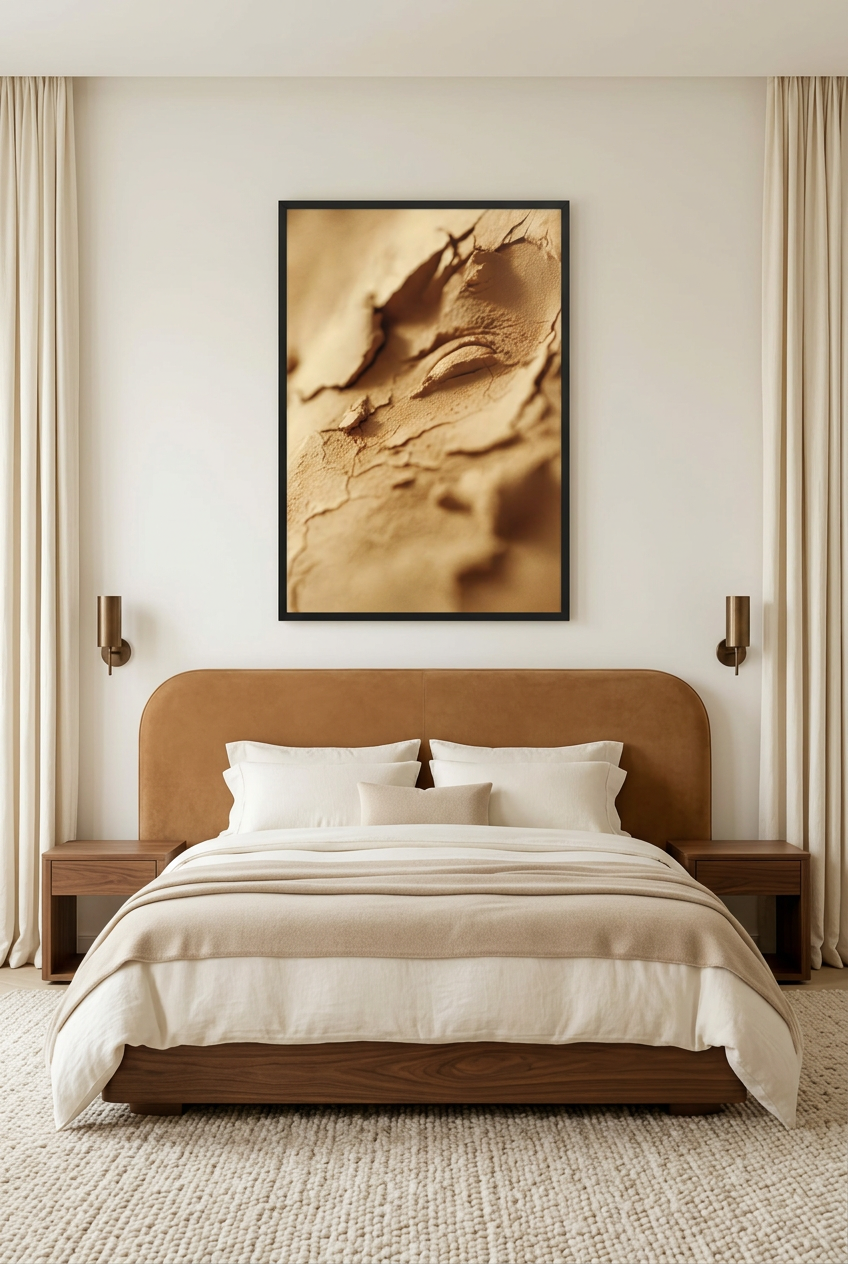 L'Œil de Sable — póster con marco negro en un dormitorio
