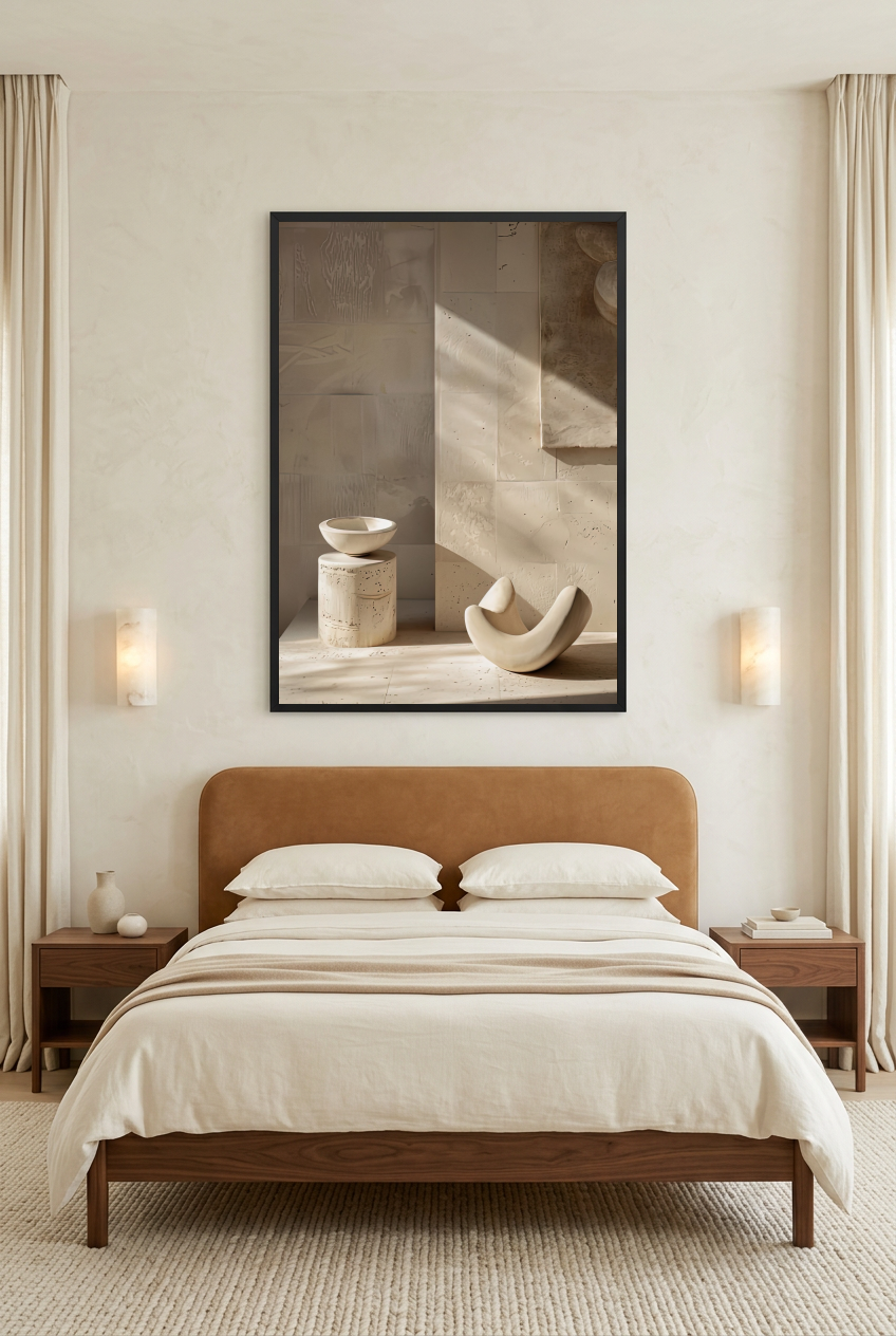 L'Offrande de Pierre — poster con cornice nera in una camera da letto