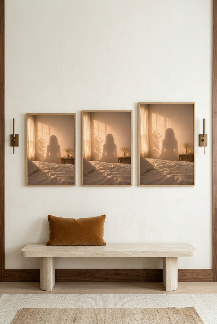 L'Ombre Dorée — three sizes of the poster in oak frames