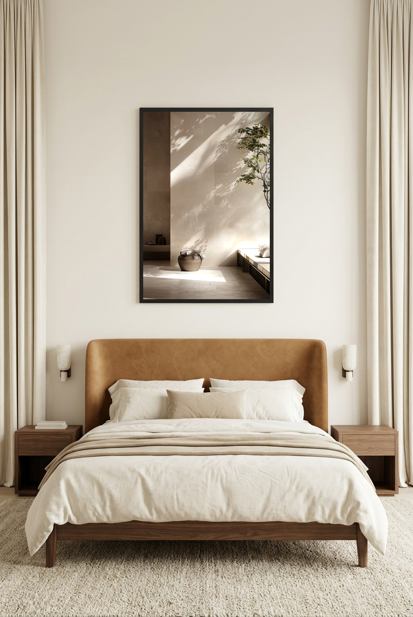 L'Ombre du Feuillage — poster con cornice nera in una camera da letto