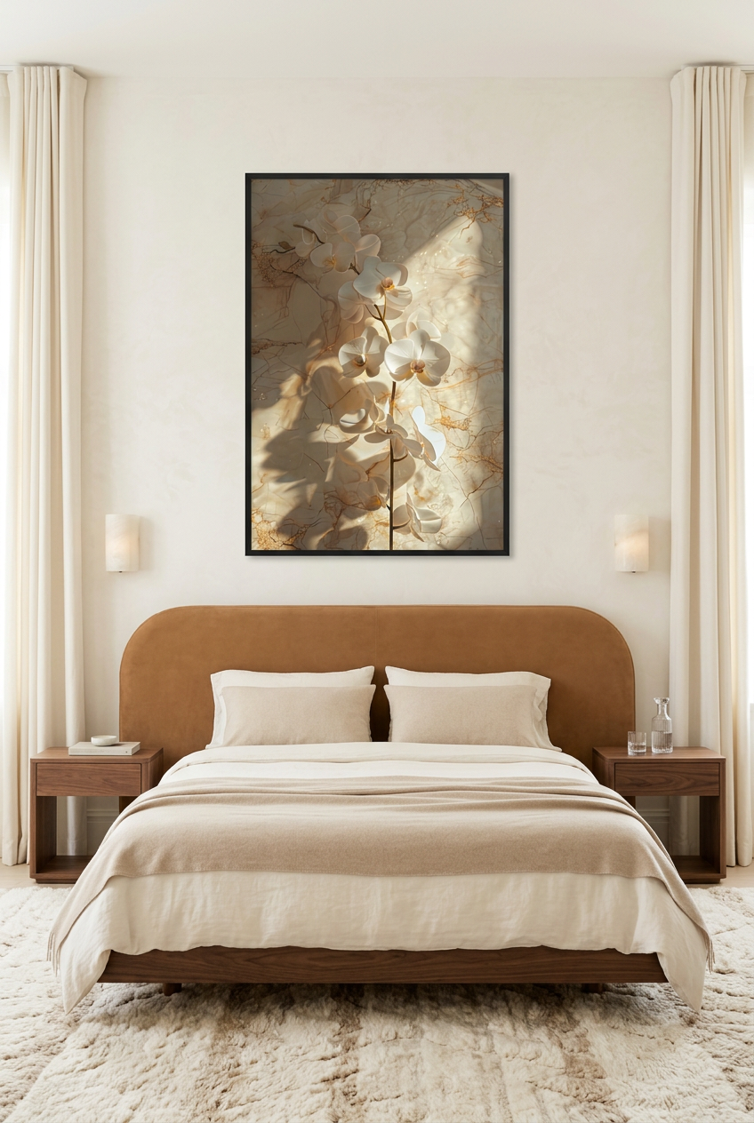 L'Orchidée Dorée — Poster im schwarzen Rahmen im Schlafzimmer