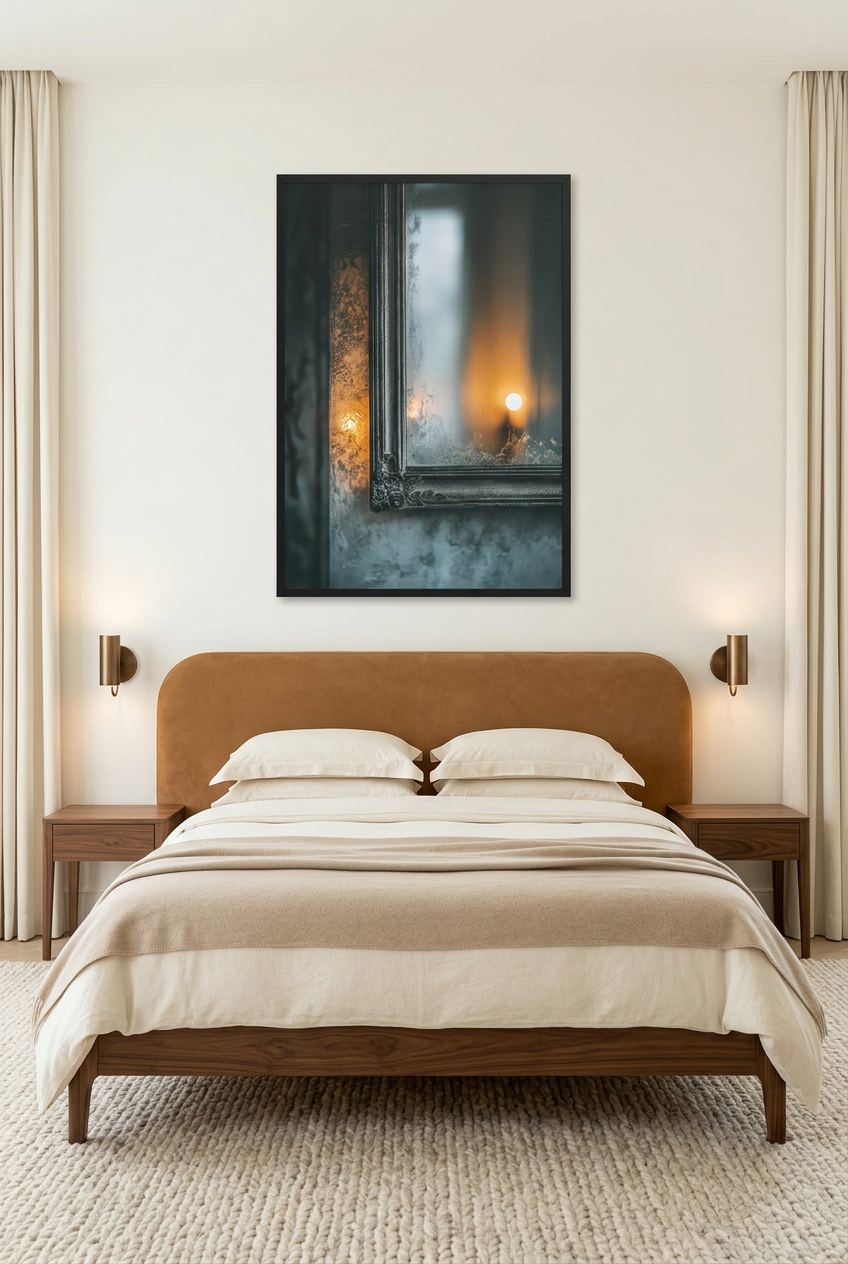 La Bougie du Miroir — poster in a black frame in a bedroom