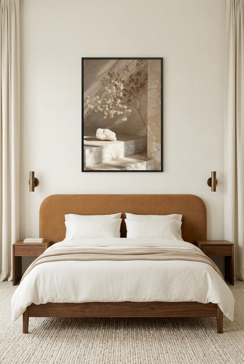 La Branche et la Pierre — affiche en cadre noir dans une chambre