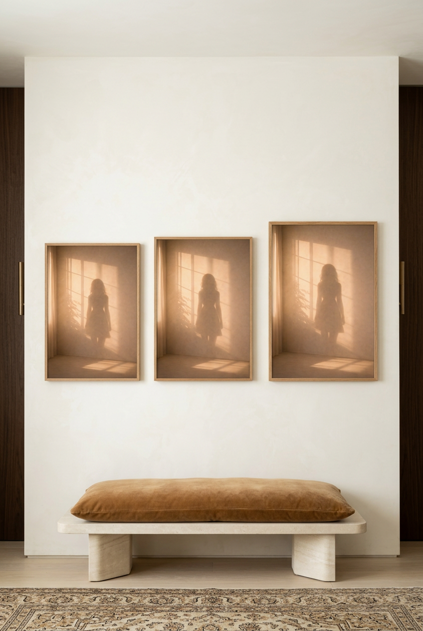 La Chambre Vide — three sizes of the poster in oak frames