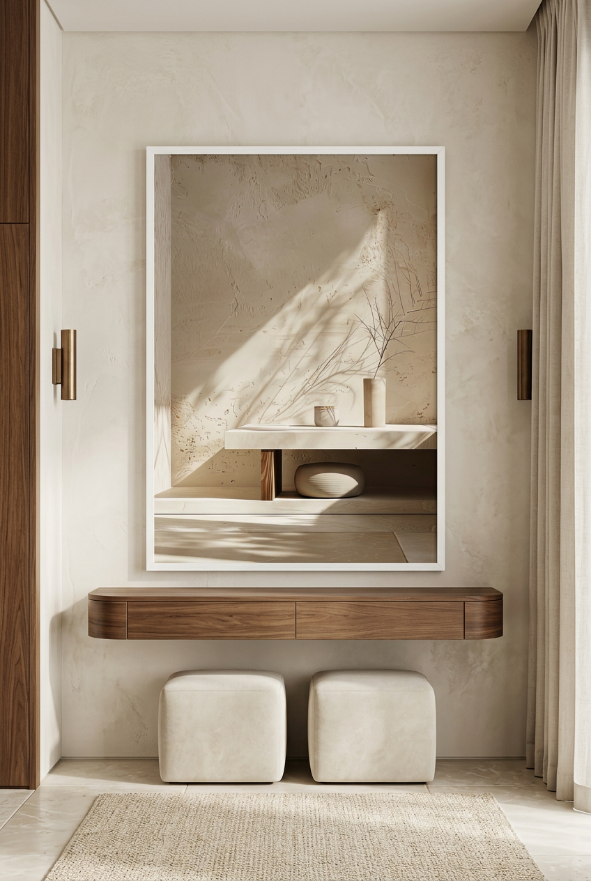 La Console et la Lumière — poster in a white frame in an entryway