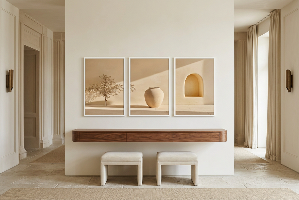 La Cour Silencieuse — affischer i vita ramar i en hall