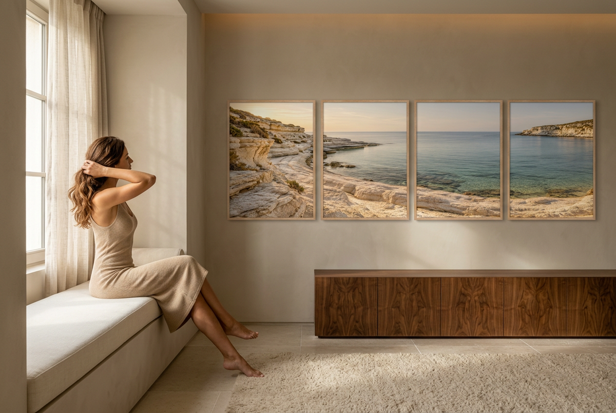 De Kalkstenen Baai — vierluik voor aan de muur: kalkstenen baai en turquoise zee, met een vrouw in de kamer