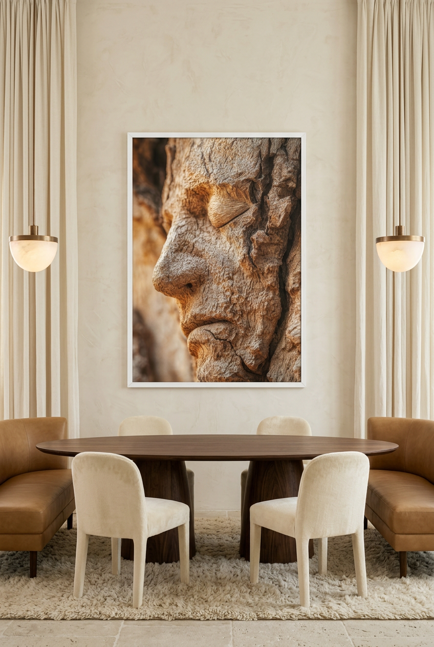 La Face du Chêne — poster com moldura branca numa sala de jantar