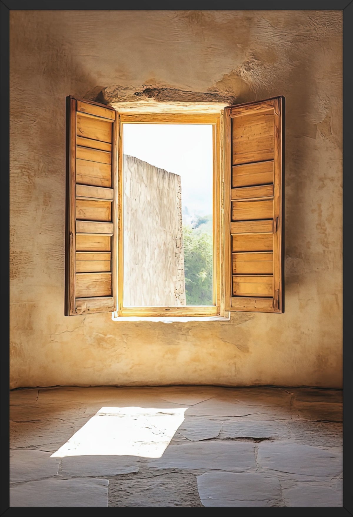 The Window with Shutters — poster in a black frame, front view