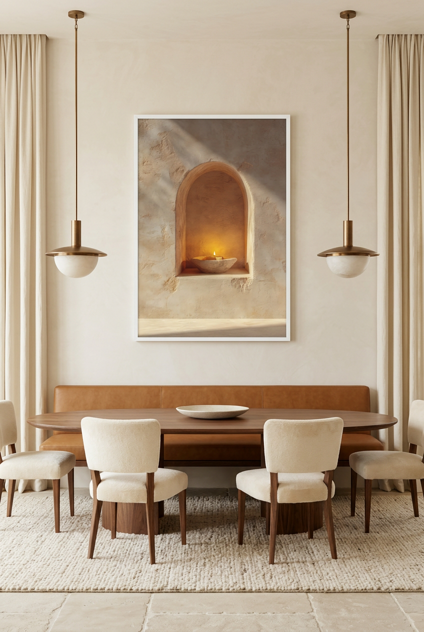 La Flamme du Seuil — poster in witte lijst in een eetkamer
