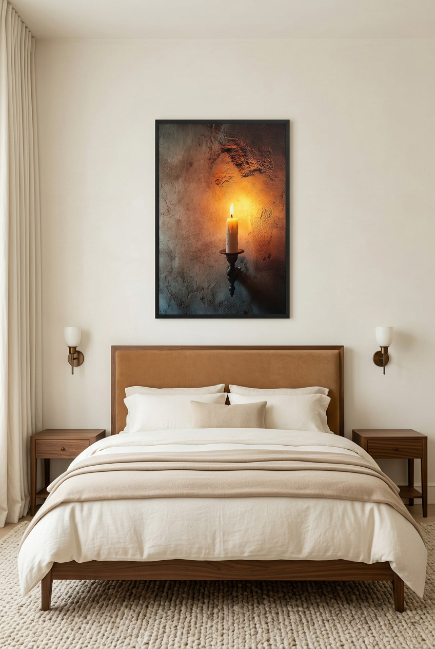 La Flamme Solitaire — affiche en cadre noir dans une chambre