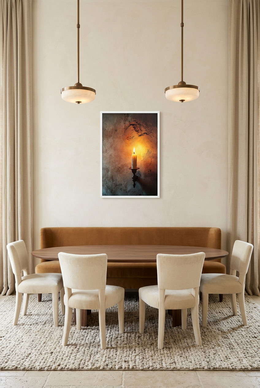 La Flamme Solitaire — affiche en cadre blanc dans une salle à manger