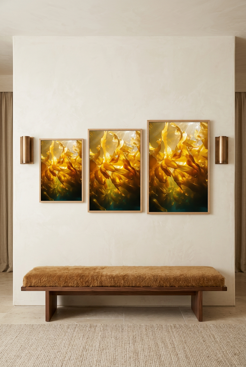 La Forêt d'Ambre — three sizes of the poster in oak frames