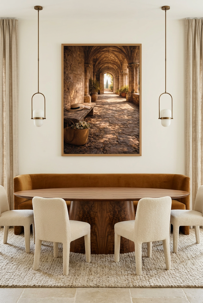 La Galerie du Monastère — poster in an oak frame in a dining room
