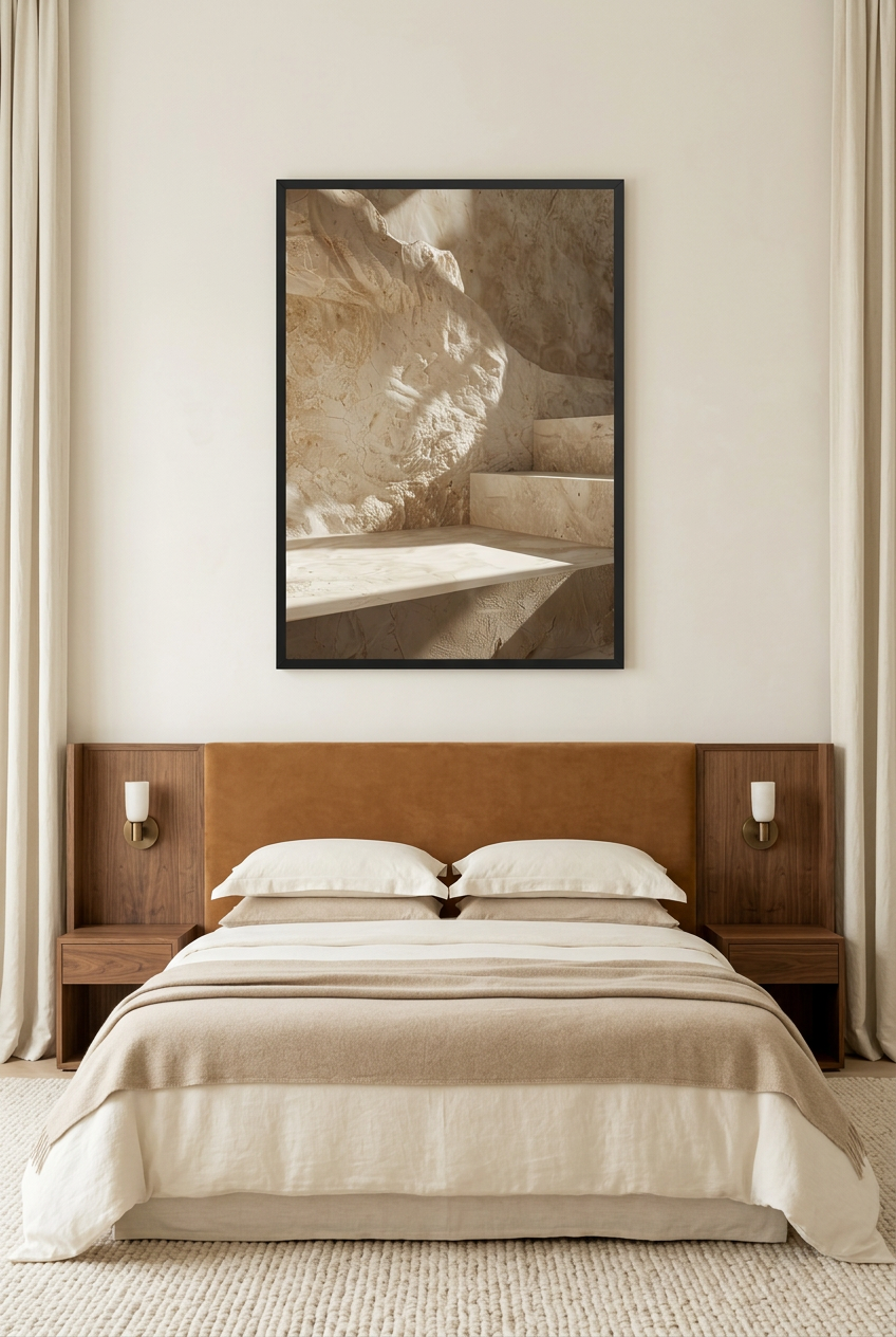 La Grotte de Pierre — poster con cornice nera in una camera da letto