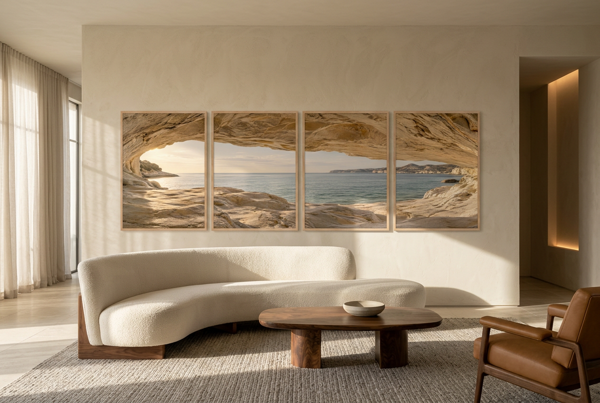 De Zeegrot — vierluik voor aan de muur: rotsgrot met uitzicht op zee, in een woonkamer met sculpturaal licht