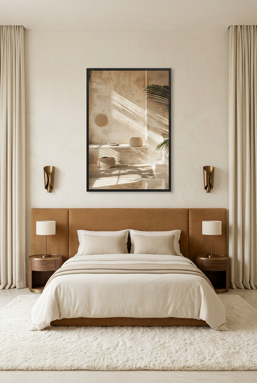 La Lumière des Poufs — poster in a black frame in a bedroom