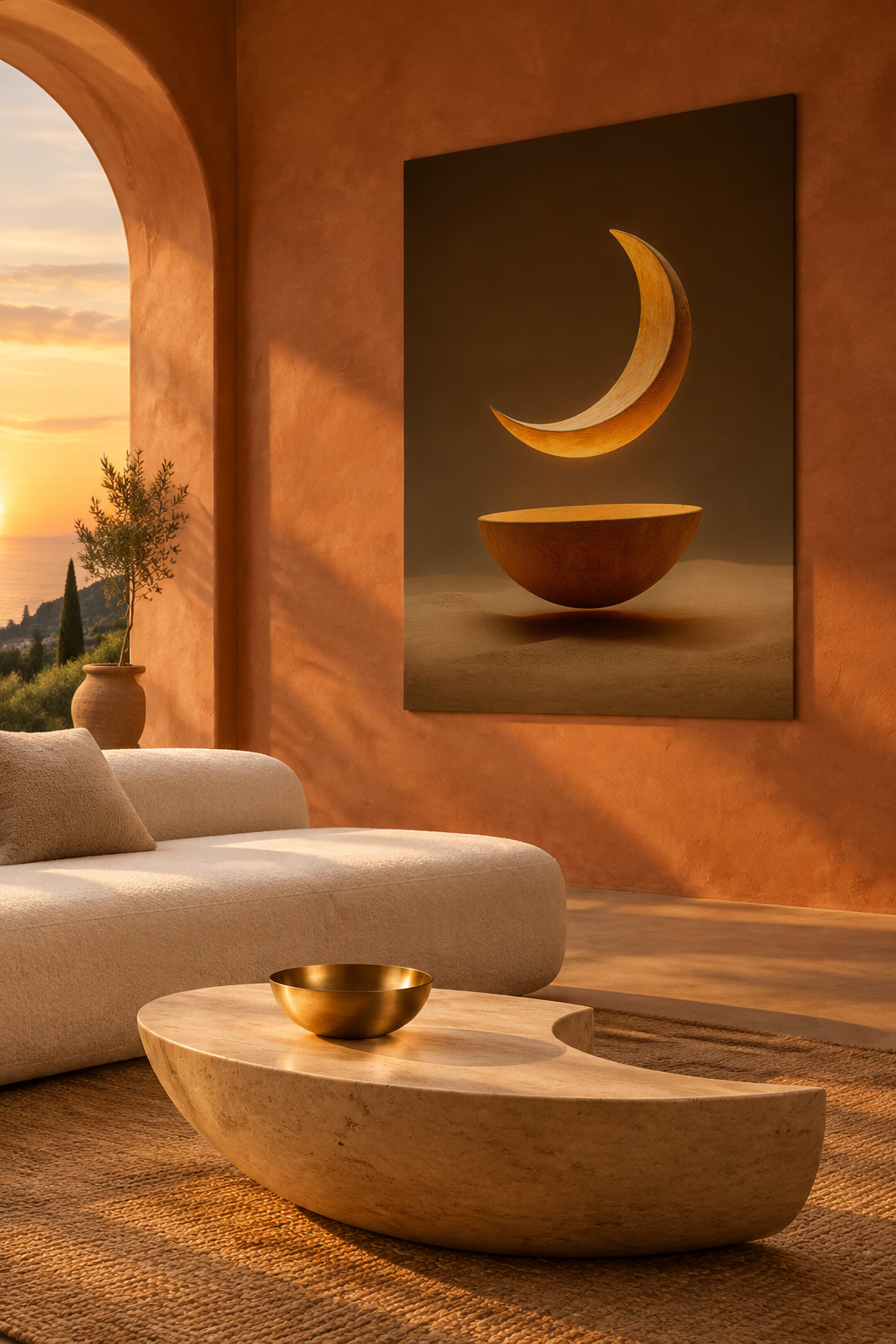 The Moon and the Bowl in a Mediterranean living room